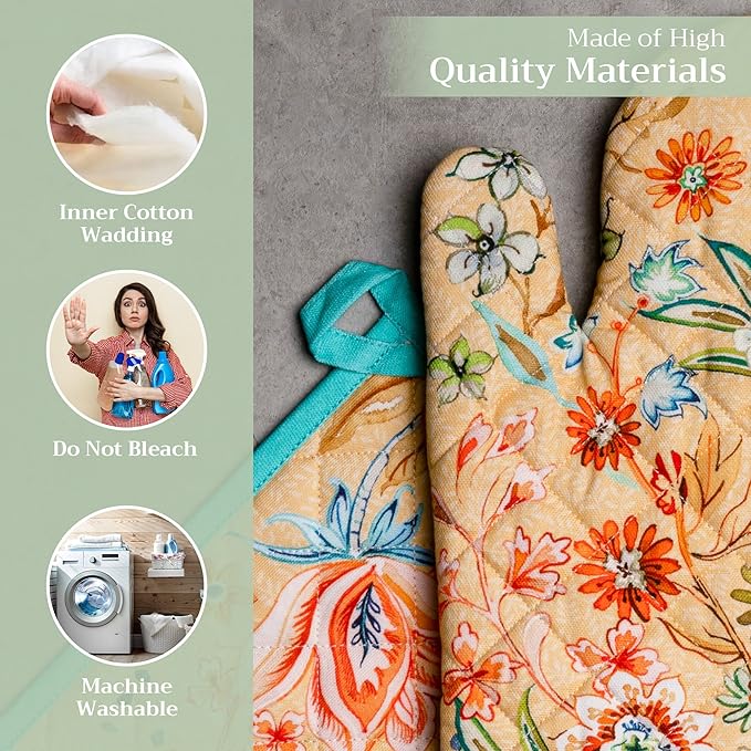 Maison d' Hermine 100% Cotton Oven Mitt & Pot Holder Set (7.5"x13" & 8"x8") Heat Resistant BBQ Cooking Gloves with Loop Grilling Kitchen Gifts for Mothers Day Spring/Summer (Luxury Loft - Peach)