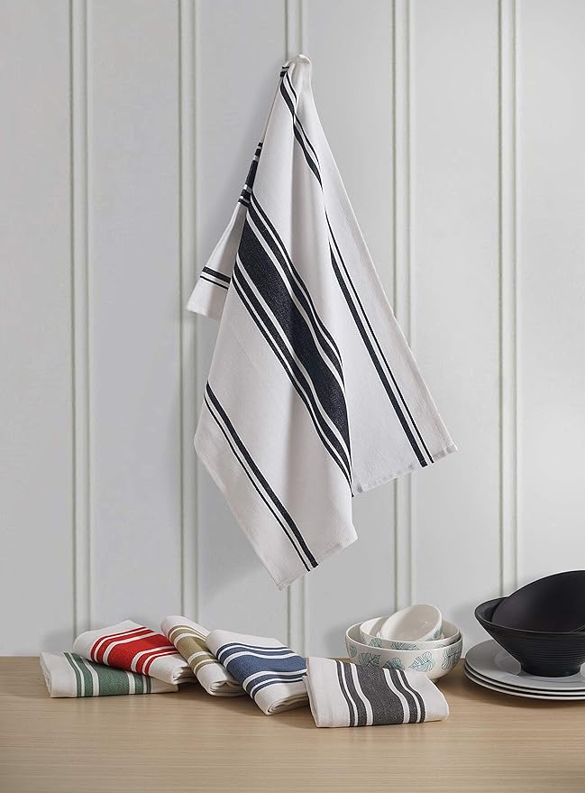 Kitchen Towels Set – Pack of 6 (20’’ x 30’’) Extra Large Premium Cotton Dish Towels for Kitchen – Super Striped Towels – Absorbent – 100% Cotton – with Hanging Loop – Beige