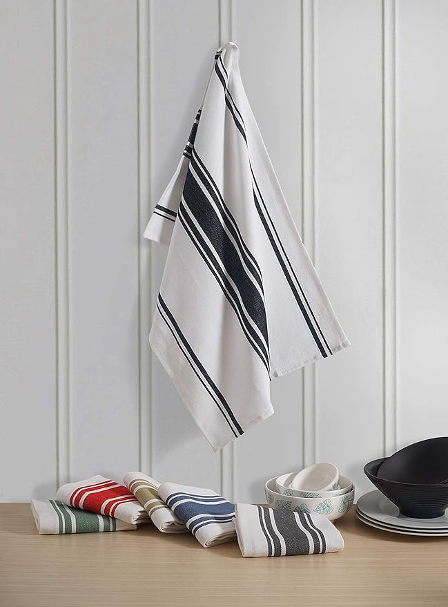 Kitchen Towels Set – Pack of 3 (20’’ x 30’’) Extra Large Premium Cotton Dish Towels for Kitchen – Absorbent – 100% Cotton – with Hanging Loop – Black Multi Design Striped