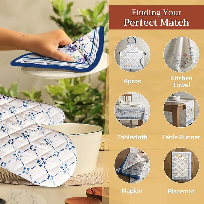Maison d' Hermine Pot Holders 100% Cotton Heat Resistant Potholders 8" x 8" Hot Pads with Loop BBQ Cooking Baking Gifts for Mothers Day Handling Hot Pans Spring/Summer (Pack of 1, Faience)