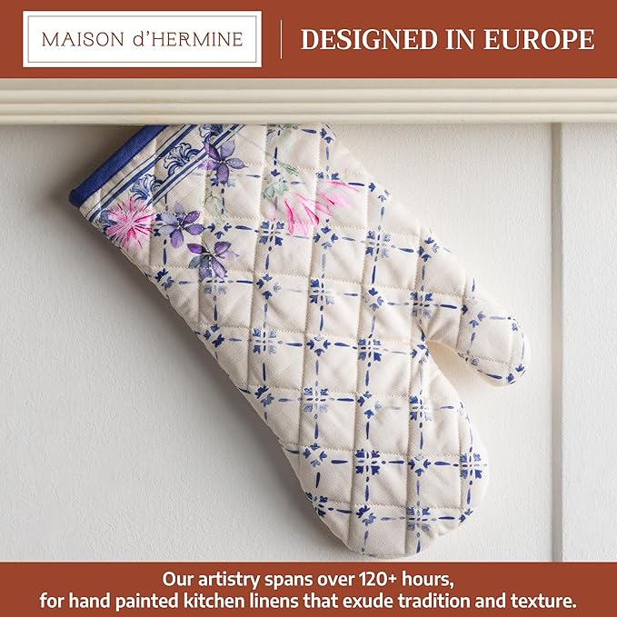 Maison d'Hermine Oven Gloves 100% Cotton Oven Mitt 7" x 13" with Loop Heat Resistant BBQ Cooking Gloves Baking Grilling Gifts for Mothers Day Spring/Summer (Pack of 1, Faience)