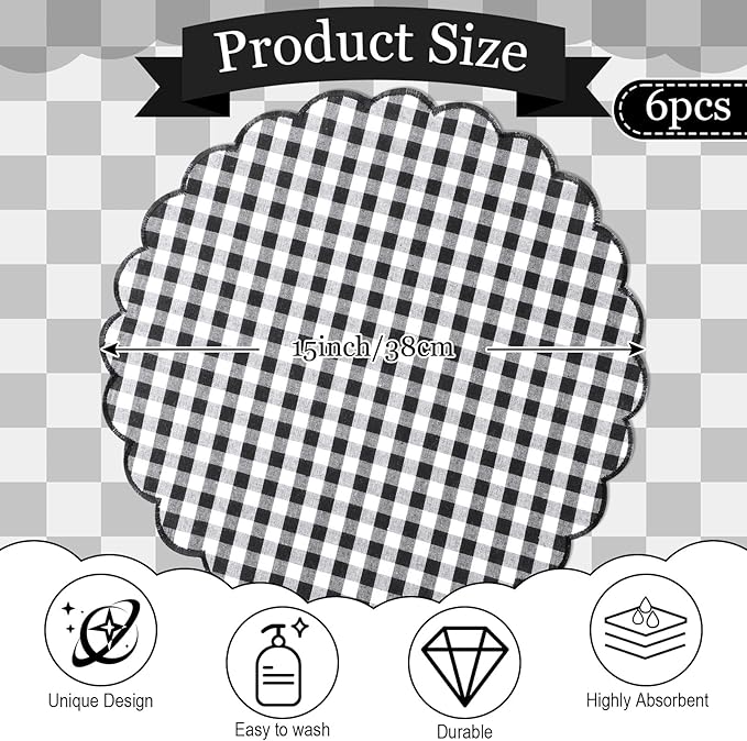 Set of 6 Round Placemats 15 Inch Cotton Scalloped Embroidery Placemat Washable Double Layered Rustic Dinner Table Mat Decor Fabric for Hotel Restaurant Kitchen(Black,Plaid)