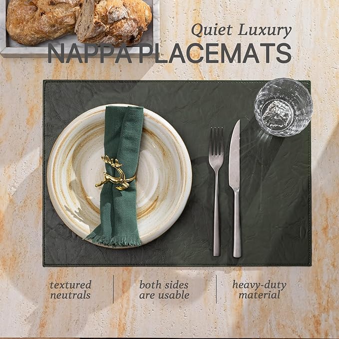 Faux Leather Placemats Set of 12 Vinyl Washable Wipeable Table Mats for Kitchen Dining Table Heat Resistant Waterproof Indoor/Outdoor Placemats Non-Slip Easy Clean Place Mats (Olive Green)