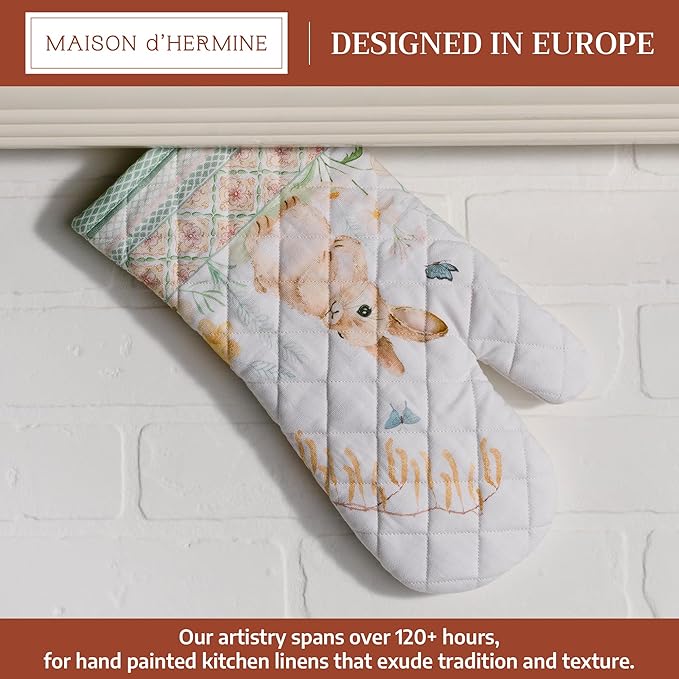 Maison d'Hermine Oven Gloves 100% Cotton Oven Mitt 7" x 13" with Loop Heat Resistant BBQ Cooking Gloves Baking Grilling Gifts for Mothers Day Spring/Summer (Pack of 1, Easter Dew)