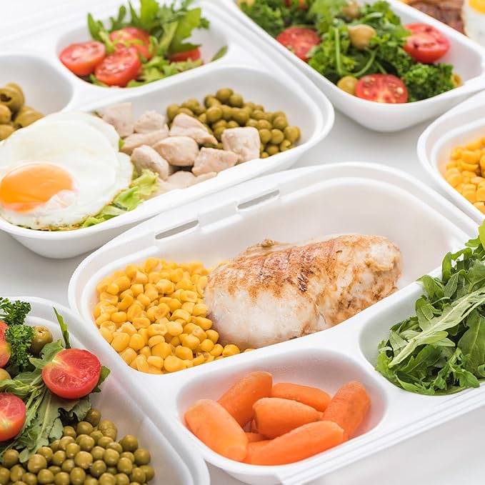 Freshware Clamshell Food Containers with Lids [9x9"] 3-Compartment 200-Pack, Disposable To Go Containers, Biodegradable Sugarcane To Go Boxes - Paper Containers - Microwave & Freezer Safe, Stackable
