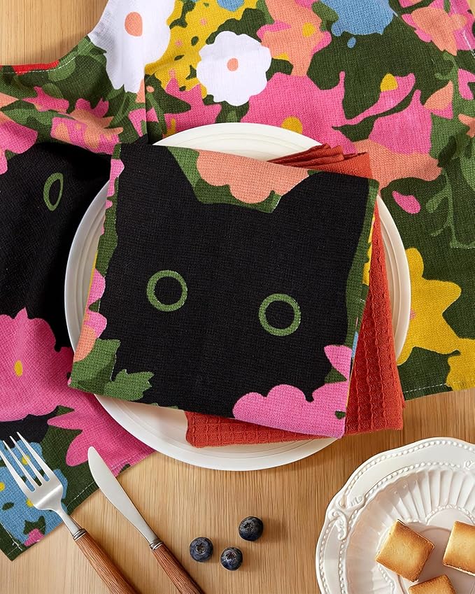 Miss Adola 3pcs Cotton Kitchen Towels - 270 GSM 15x25 Inch Terry Cloths Reusable Dish Cloths for Cleaning Absorbent Soft Hand Tea Towels with Hanging Loop for Housewarming Home Decor, Cats in Flowers