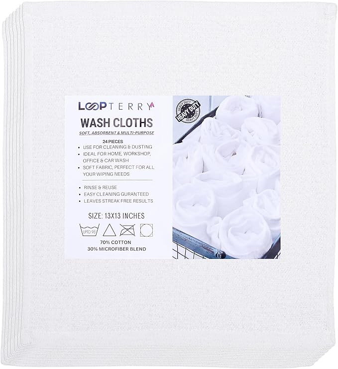 Looperry White Terry Cloth Rags (24 Pack) 13"x13" Inches Commercial Grade Dish Cloth Multipurpose Cleaning Rags for Housekeeping, Car Wash. Absorbent & Reusable Bar Mop Towels for Kitchen Cotton