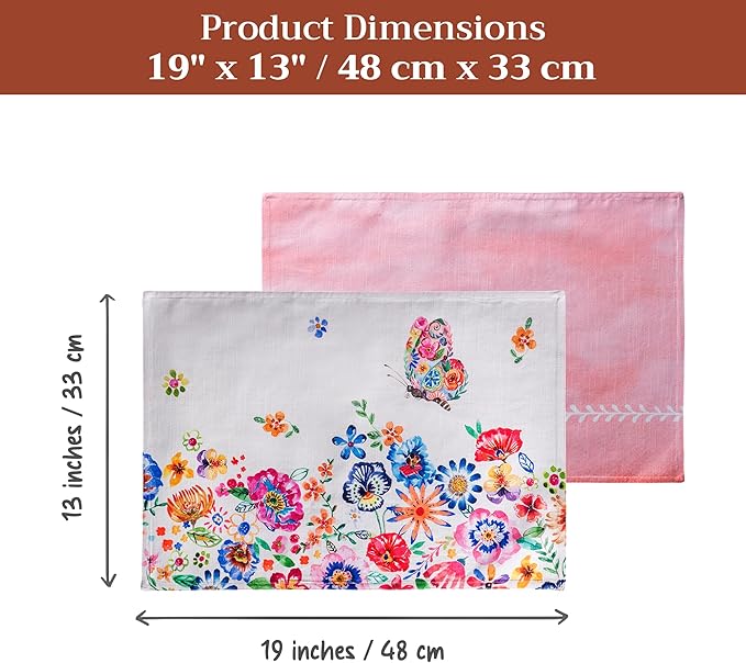 Maison d' Hermine Placemats Set of 4 100% Cotton Washable Cloth Place Mats Reusable Table Mats for Kitchen Dining Party Gifts for Mothers Day Spring/Summer(Happy Florals - High Summer, 13" x 19")