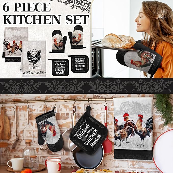 Bencailor 6 Pcs Spring Kitchen Decor Sunflower Pot Holders and Oven Mitts Sets Yellow Kitchen Towel 2 Farmhouse Cooking Mittens for Cooking Grilling Supply Accessories(Black, Gray,Rooster)