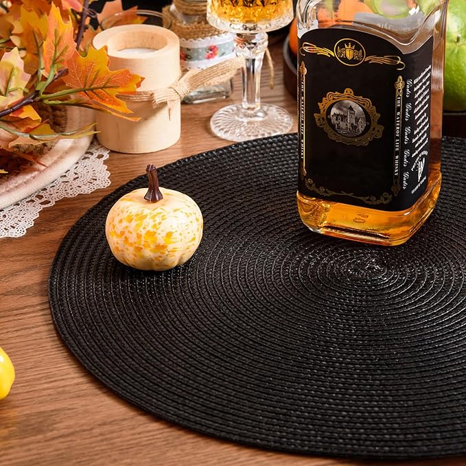 AHHFSMEI Round Placemats Set of 6 Heat Resistant Washable Non-Slip Woven Braided Table Mats for Dining Table Kitchen & Home Decor (Black)