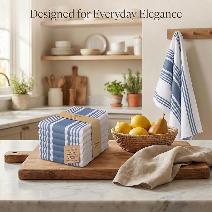 Urban Villa Kitchen Towels Blue White Striped 100% Cotton Set of 6, 20x30 Inch Oversized Dish Cloths, Highly Absorbent, Mitered Corners & Hanging Loop, Hand & Tea Towels, Dish Towels