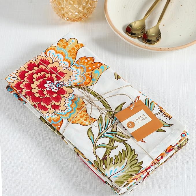TARAN LIVING Cotton Cloth Napkins Fall Dinner Napkin Set Reusable Machine Washable Dish Cloth for Valentine Gift Party, Craft, Home Decor - Set of 4, 20x20 Inches