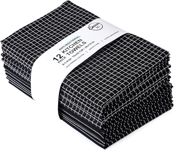 Encasa XO Cotton Kitchen Towel Set | Hand and Tea Cloth for Cleaning & Quick Drying, X-Large 28"x18" (Pack of 12) Highly Absorbent - Butcher Black