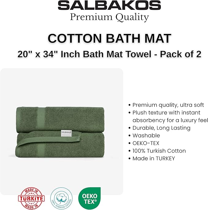 SALBAKOS 100% Turkish Cotton Bath Mat Set 2-Piece - 20x34 inch, Hotel & Spa Collection, Soft, Absorbent, Long Lasting, Durable Bathroom Rugs | Made in Turkey (Green, 2 Bath Mats)