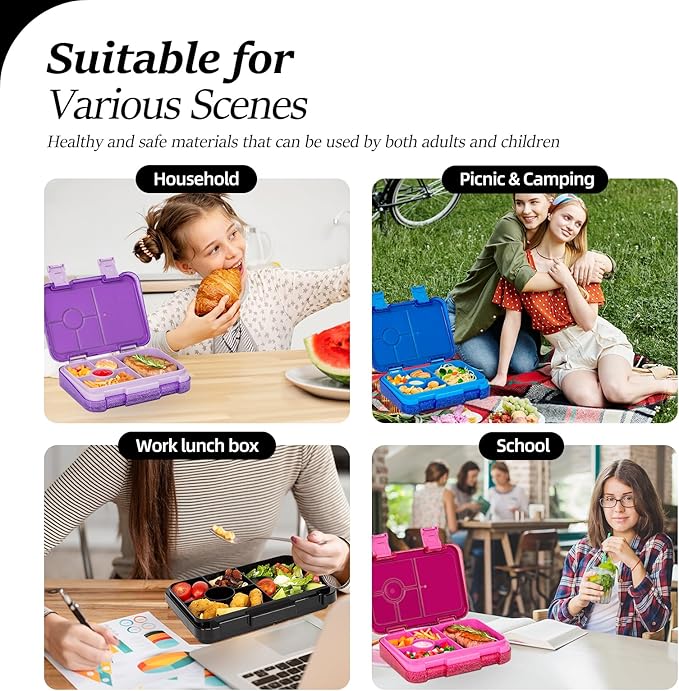 Bento Lunch Box for Kids, 6 Compartments BPA Free, Dishwasher Safe Back to School Snack Bento Lunch Containers Boxes, Ideal Portion Sizes for On-the-Go Meal, Shiny Black