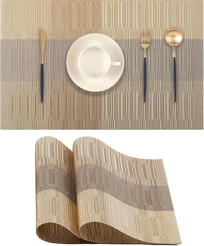 Gold Placemats Set of 2 - Heat Resistant Non-Slip Place mats for Dining Table, Washable Durable PVC Vinyl Woven Table Mats (Gold, 2)