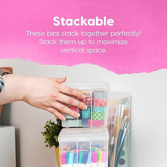 IRIS USA Vertical Plastic Flip Top Storage Containers Bins with Lids for Pantry, Home, Office, Organization, Large, Stackable Hinged Organizer with Latches, Clear, 4 Pack