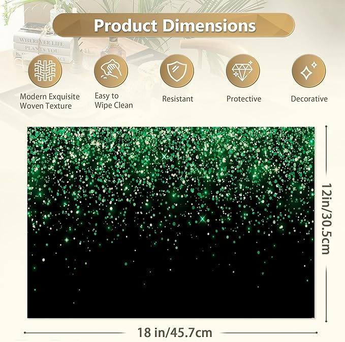 Placemats Set of 6 Linen Washable Kitchen Dining Green Glitter Table Mats Stain Heat-Resistant Desktop DécorPlace Mats for Home Party Indoor 12x18 in