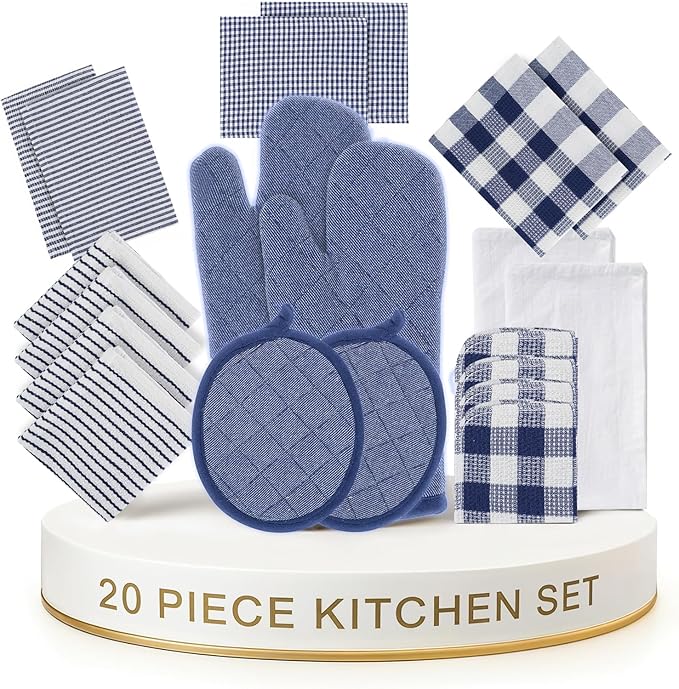 LANE LINEN Flour Sack Dish Towels Set - 20 Pc Kitchen Towel Set with Pot Holders and Oven Mitts,100% Cotton Kitchen Towels, Absorbent Dish Towels: Indigo