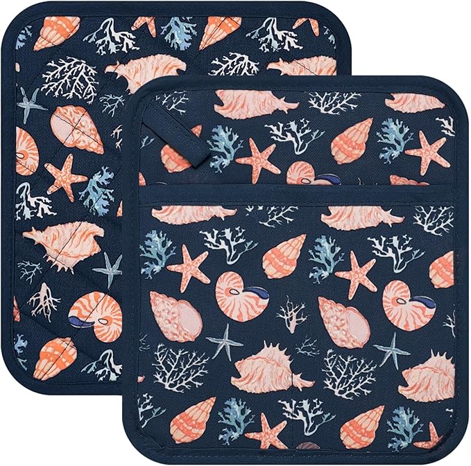 Pot Holders Set of 2 Heat Resistant 480℉ Kitchen 100% Cotton Comfortable Lining Printing Cowry Flower Women Men Home Cooking Baking Microwave BBQ Gift (Cowry potholders)