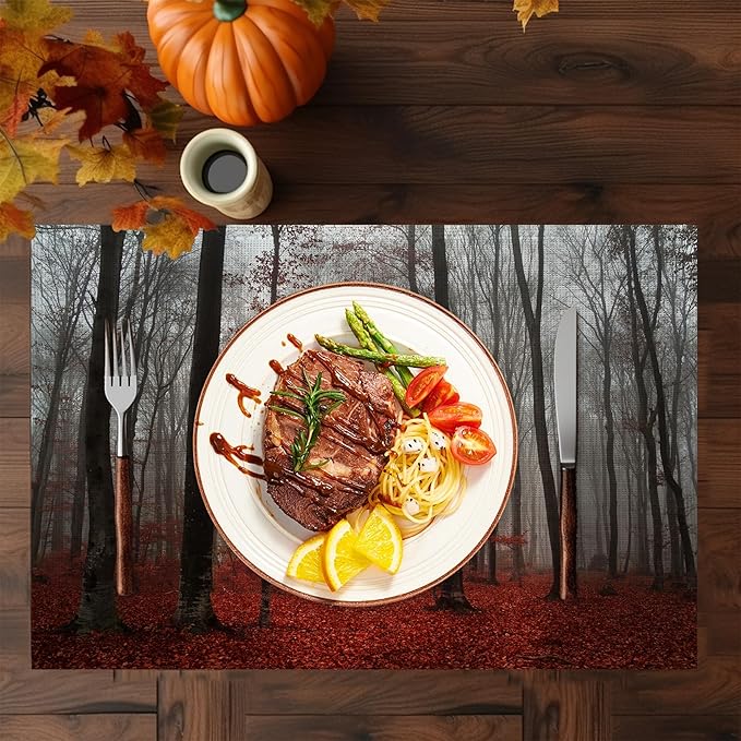 Red Leaf Forest Placemats Set of 6,Washable Heat Resistant 12×18 Inch Linen Table Mats Natural Landscape Park Place Mats for Party Outdoor Dining Décor