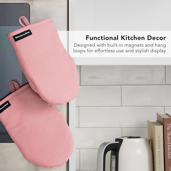 KITCHENAID Gourmet Series Gridlines Mini Oven Mitts 2-Pack Set, Heat Resistant up to 600°F, Soft Silicone Grip, Magnetic Cuff, Dried Rose, 5.5"x9"
