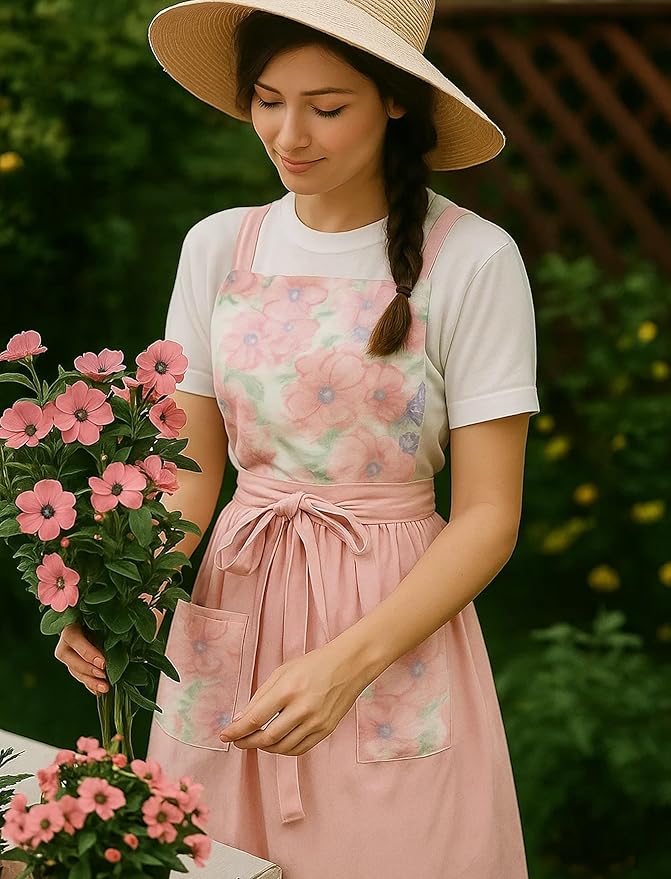 Pinknoke Vintage Pinafore Apron Dress for Women with Pockets Cute Floral Chef Aprons for Kitchen Cooking Baking Gardening