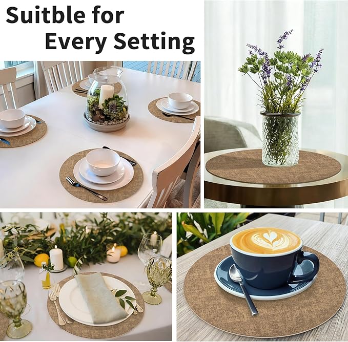 Maxpearl Round Placemats Set of 6, 13.8 inch Faux Leather Heat Resistant Table Mats, Non Slip Waterproof Wipeable Place Mats for Kitchen Dining Holiday Party Table Settings, Brown