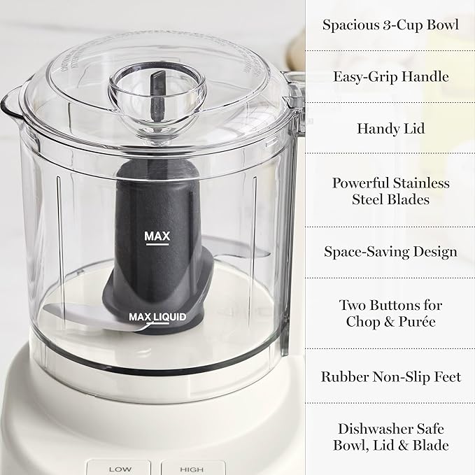 Martha Stewart 3 Cup Food Processor, Electric Vegetable Chopper, Stainless Steel Blades, 24oz BPA-Free Bowl, Pour Spout, Dicing, Mincing, Chop & Puree, Dishwasher Safe, Oil Chute, Easy-Clean, Linen
