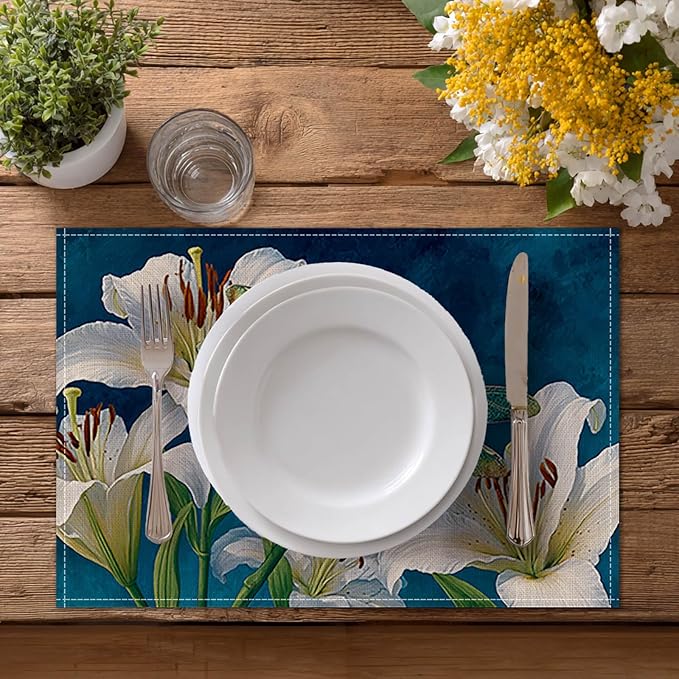 HOMETITUTE Dragonfly Linen Placemats Set of 4 12x18 inch Spring Table Mats for Dining Table Farmhouse Lily Art Decorations Kitchen Decor Desk Mat for Outdoor Home Party Kitchen Seasonal Dining Decor
