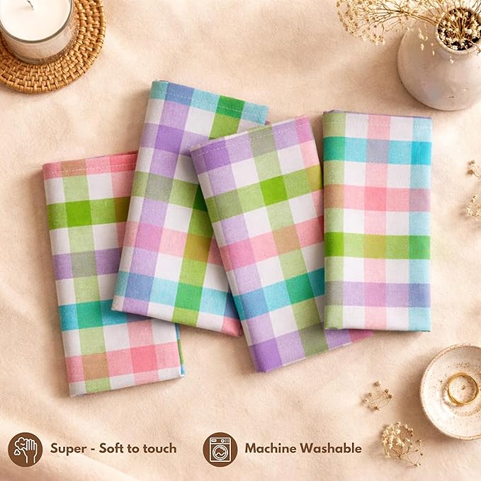 Native Fab Easter Checked Cloth Dinner Napkins Set of 4, 100% Cotton 18"x18", Soft, Reusable Table Napkin, Absorbent Hotel Quality, Machine Washable, Daily Dining, Everyday Use - Multi Colors