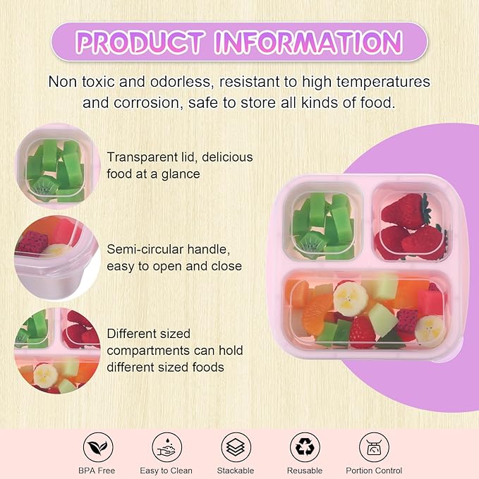 Honeydak 5 Pack Snack Containers 3 Compartment Bento Snack Boxes Divided Meal Prep Containers with Lids Reusable Adults Lunch Food Storage Box for School Work Travel(Pink Gray)