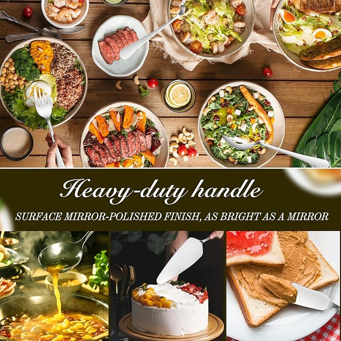 Mwellewm 17Pcs Serving Utensils, Silver Stainless Steel Serving Spoons, Slotted Spoon, Fork, Tongs, Cake Pie Server, Soup Spoon Metal Buffet Banquet Cutlery Set for Parties Entertaining Catering