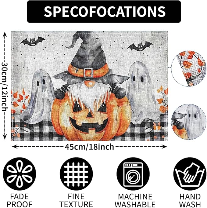 Niviy Buffalo Plaid Bat Ghost Pumpkins Halloween Placemats Set of 6, 12x18 Inch Horror Halloween Table Mats for Holiday Party Kitchen Dining Room Decoration
