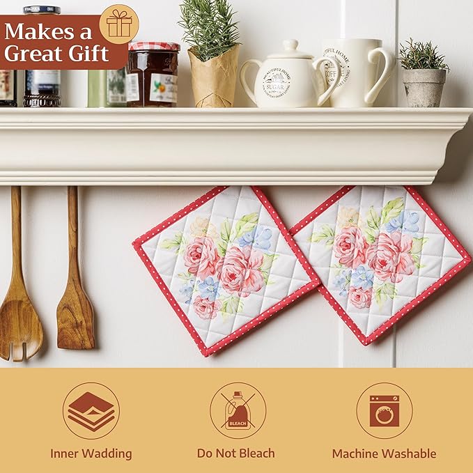 Maison d' Hermine Pot Holders 100% Cotton Heat Resistant Potholders 8" x 8" Hot Pads with Loop BBQ Cooking Baking Gifts for Mothers Day Handling Hot Pans Spring/Summer (Pack of 1, Vintage Floral)