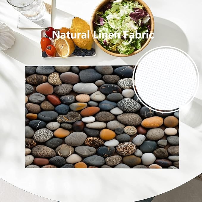 Batmerry Pebbles Various Textures Placemats, Assorted Smooth Stones Washable Linen Table Mats for Kitchen Table Double Insulation Decor Dining Set Indoor Outdoor 12X18 in Set of 6