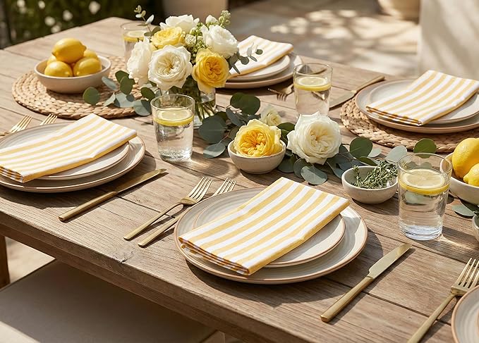 PurpleEssences Plain Striped Cloth Napkins - Set of 12-100% Cotton - 18 x 18 Inch - Spring Easter Summer and Perfect Everyday Use Dinner Napkin - Golden Yellow White