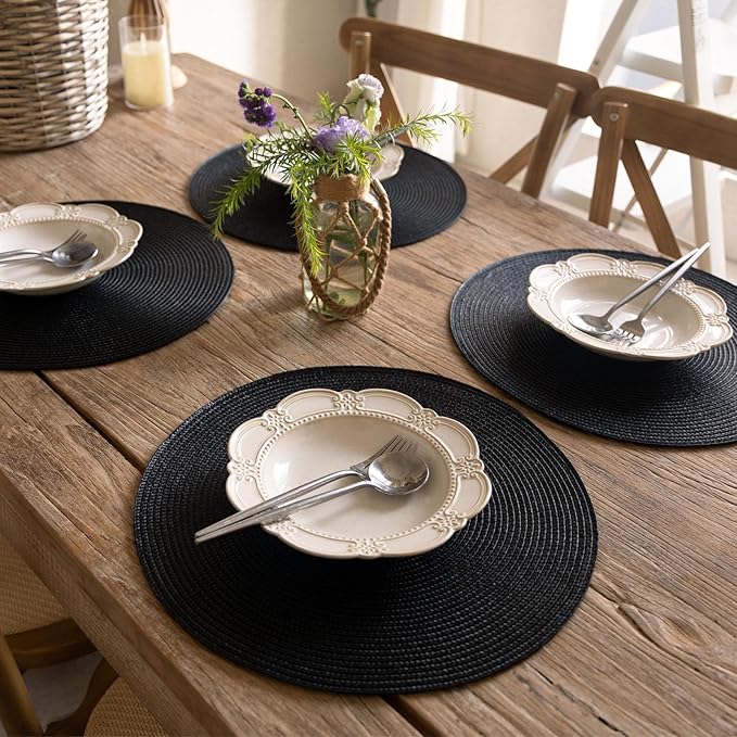 FunWheat Round Braided Placemats Set of 8 Place Mats for Dining Table Woven Washable Non-Slip Table Mats 15 Inch(Black,8pcs)