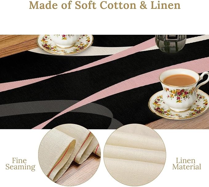 Abstract Pink Table Runner Grey and White Striped Black Background Modern Geometric Kitchen Dinner Runner for Indoor Home Living Room Party Dining Table Decoration 13"x120"