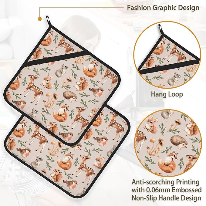 Mushroom Squirrel Deer Hedgehog Pot Holder Set of 2,Heat Resistant Potholders Oven Hot Pads for Kitchen Cooking Baking BBQ