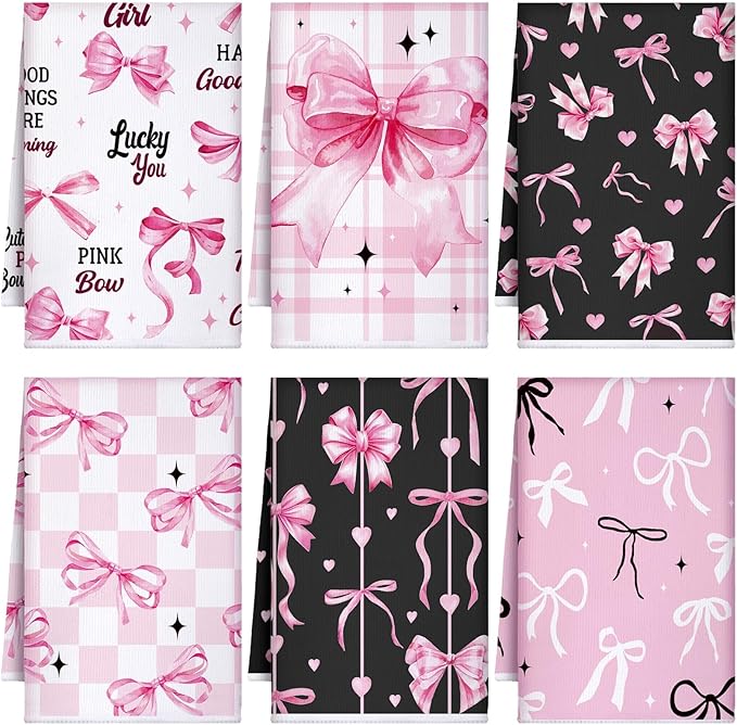 Bencailor 6 Pcs Pink Bow Kitchen Towels Decorative Sets Dish Towels Absorbent Fast Drying Hand Tea Vintage Hanging Reusable Cleaning Dishcloths for Cooking Farmhouse Bathroom Accessory
