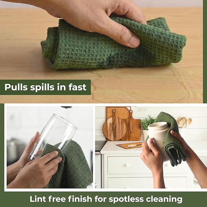 Highly Absorbent Cotton Dish Towels for Drying - Set of 6 Sage Green Kitchen Towels - 18"X28" Lint Free Waffle Weave Cloth Linen Hand Bathroom Bulk Dishtowels