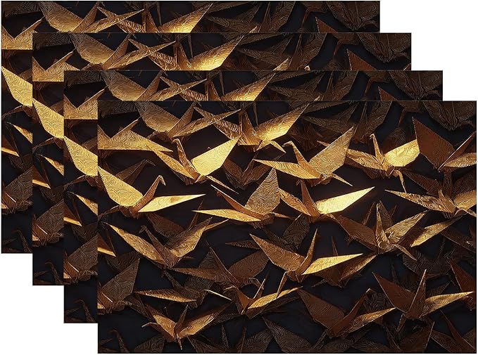 Batmerry Origami Cranes Placemats, Golden Paper Cranes On Dark Washable Linen Table Mats for Kitchen Table Double Insulation Decor Dining Set Indoor Outdoor 12X18 in Set of 4