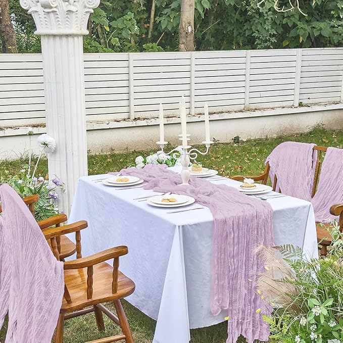 IVAPUPU 4 Pcs Cheesecloth Table Runner - 10ft Lilac Purple Lavender Boho Gauze Cheese Cloth Table Runners for Baby Shower Decorations Wedding Party Summer Garden Decor