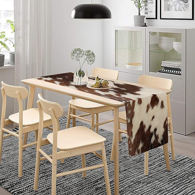Cow Print Table Runner, Rustic Country Farmhouse Animal Fur Skin Western Farm Brown Cowhide Print Dinner Runner for Home Kitchen Dining Table Decoration 13"x108"