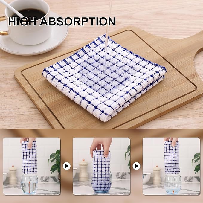 Kitinjoy Cotton 16 Pack Kitchen Towels and Dishcloths Sets, 16 x 25 Inch & 12 X 12 Inch Dish Towels Bulk, Super Soft and Absorbent Hand Towels for Kitchen Drying, Blue