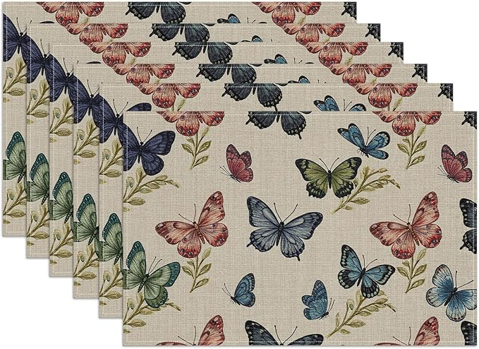 Vintage Colourful Butterfly Placemats Set of 6, Washable Heat Resistant Table Mat Linen Place Mats for Party Kitchen Dining Home Decor 12x18 Inch