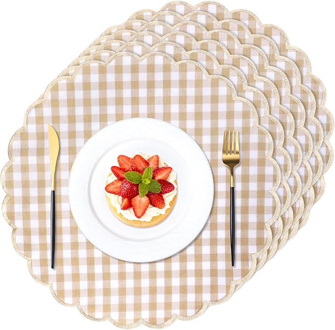 Set of 6 Round Placemats 15 Inch Cotton Scalloped Embroidery Placemat Washable Double Layered Rustic Dinner Table Mat Decor Fabric for Hotel Restaurant Kitchen(Khaki,Plaid)