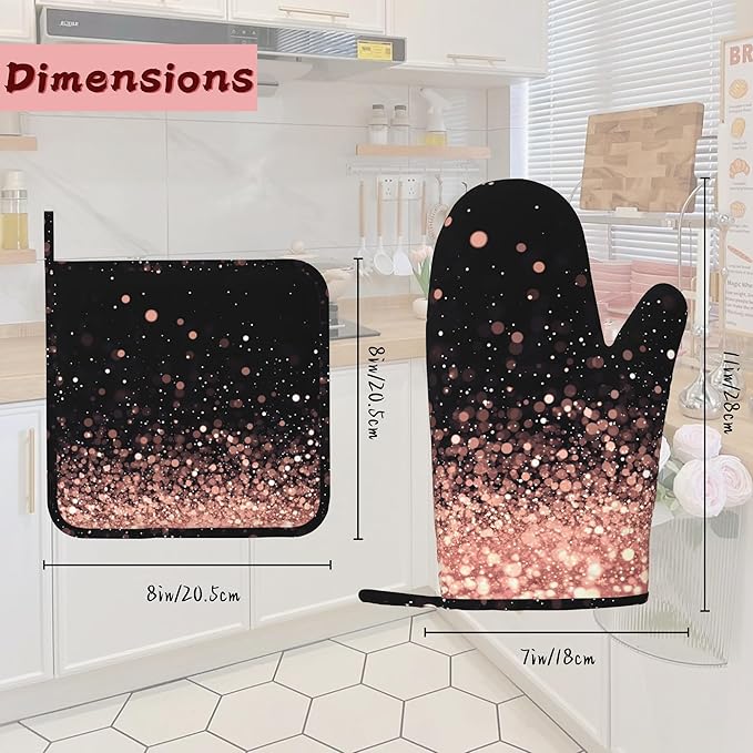 Rose Gold Glitter Silicone Oven Mitts and Pot Holders,Heat-Resistant 4 Piece Kitchen Set Non-Slip Oven Gloves and Hot Pads for Cooking, Baking, Grilling,BBQ