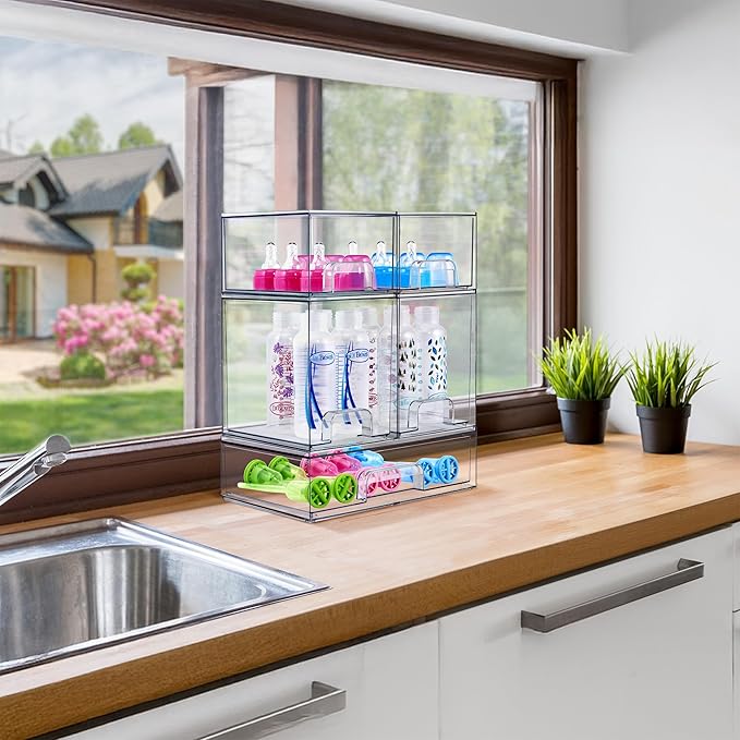 Sorbus Stackable Acrylic Storage Drawers – 4 Tall + 2 Wide – 6 Pack Clear Plastic Organizer Bins for Baby Bottles, Makeup, Bathroom & Vanity, Pull-Out Drawer Design for Kitchen Cabinets